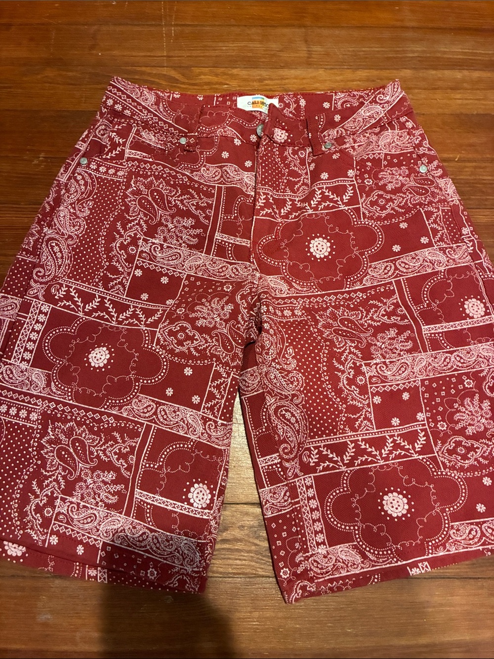 Cali 1850 Red Bandana Paisley Bermuda Denim Shorts